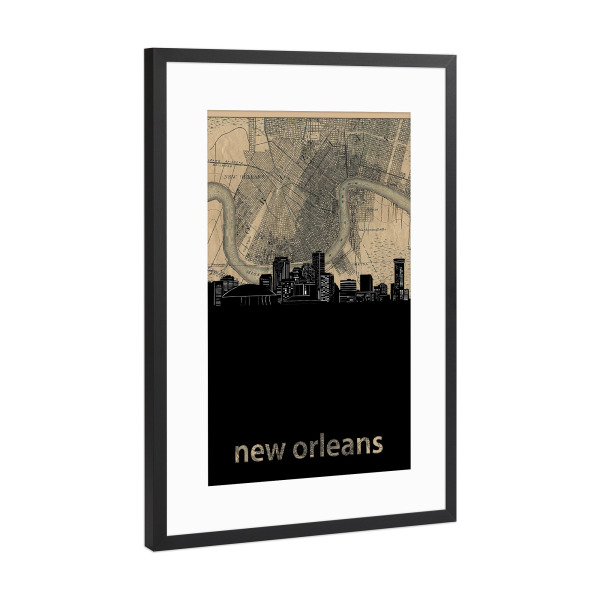 Poster mit Rahmen Schwarz (Metallic) "New orleans skyline map" artboxONE - Städte,Architektur,Kartografie