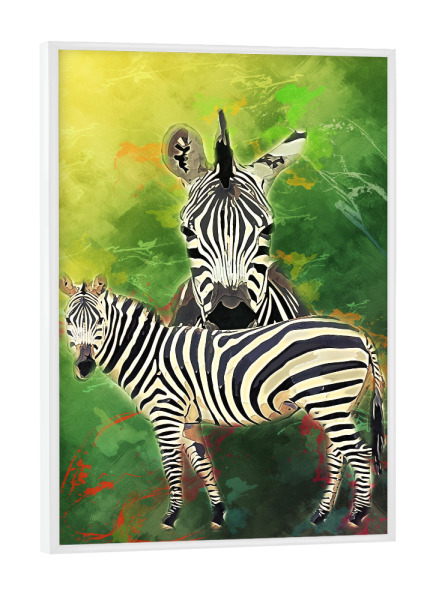 Poster mit weißem Rahmen "Zebra mit buntem Hintergrund" artboxONE - Tiere - Tier,Wild,Zoo,Natur,Bunt,Afrika,Streifen,Zebra