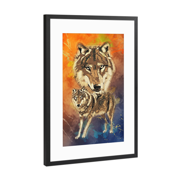 Poster mit Rahmen Schwarz (Metallic) "Wolf mit buntem Hintergrund" artboxONE - Tiere - Tier,Wild,Zoo,Natur,Bunt,Wald,Wolf