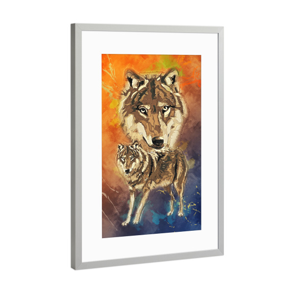 Poster mit Rahmen Silber "Wolf mit buntem Hintergrund" artboxONE - Tiere - Tier,Wild,Zoo,Natur,Bunt,Wald,Wolf