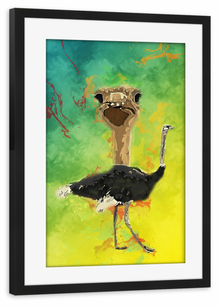 Poster mit Rahmen schwarz "Strauß mit buntem Hintergrund" artboxONE - Tiere - Tier,Wild,Farm,Zoo,Ei,Natur,Bunt,Strauß