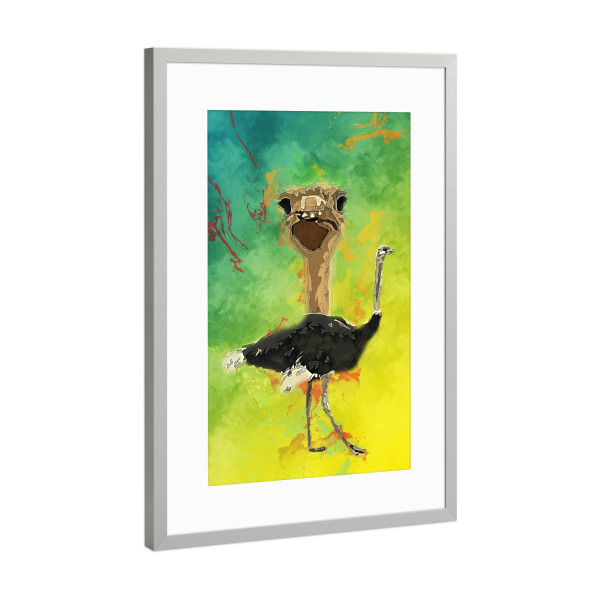 Poster mit Rahmen Silber "Strauß mit buntem Hintergrund" artboxONE - Tiere - Tier,Wild,Farm,Zoo,Ei,Natur,Bunt,Strauß