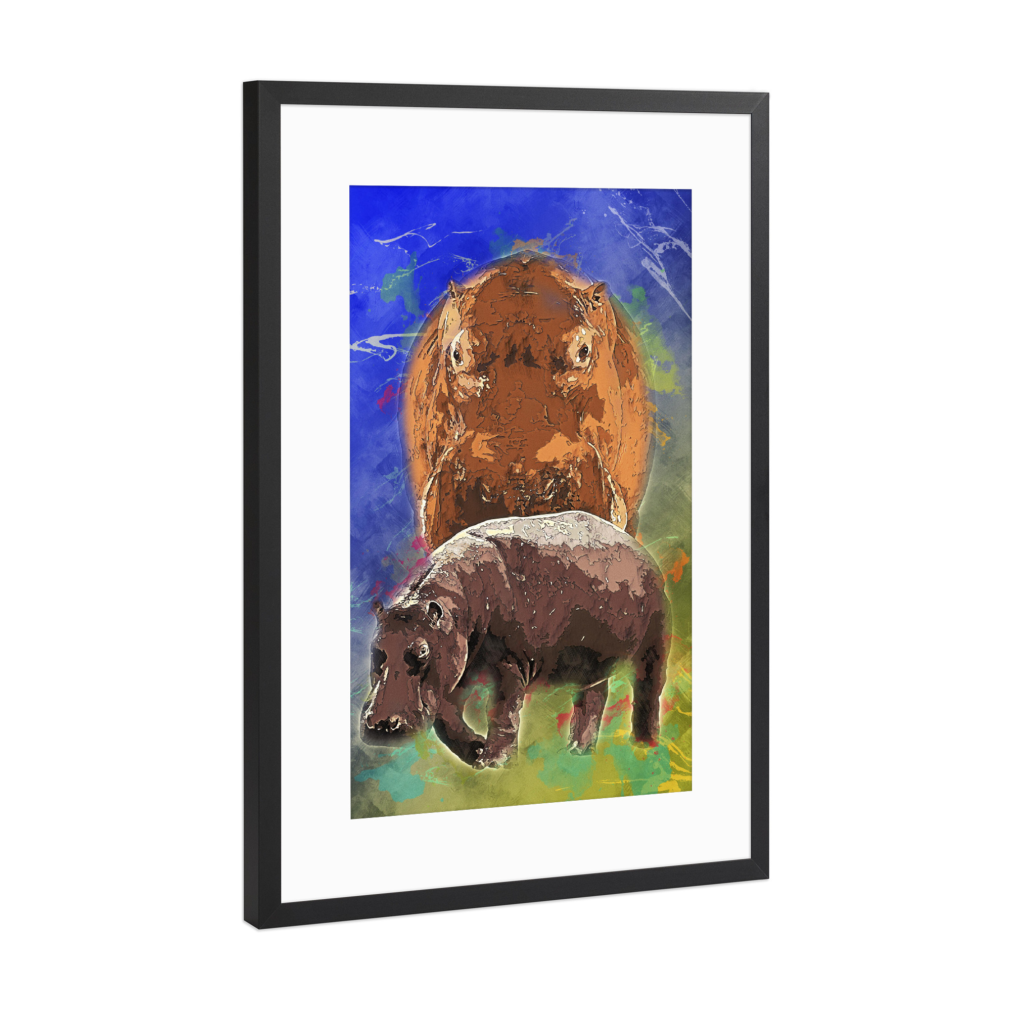 Poster mit Rahmen Schwarz (Metallic) "Nilpferd mit buntem Hintergrund" artboxONE - Tiere - Fluss,Tier,Wild,Zoo,Natur,Bunt,Afrika,Nilpferd