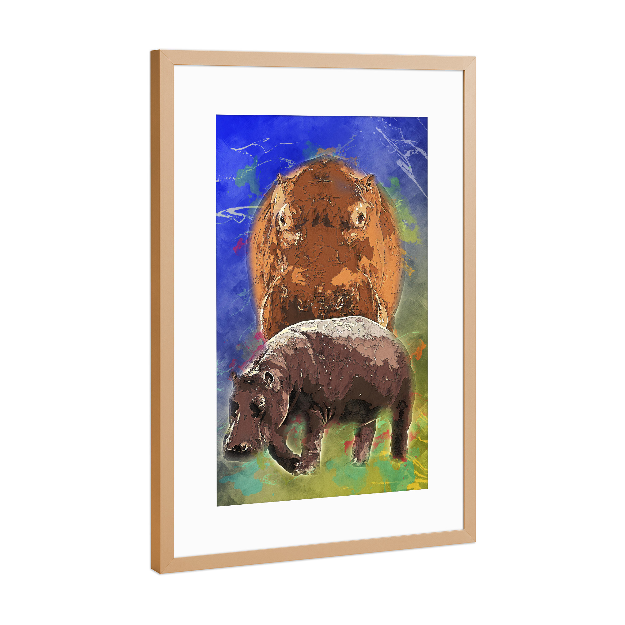 Poster mit Rahmen Kupfer "Nilpferd mit buntem Hintergrund" artboxONE - Tiere - Fluss,Tier,Wild,Zoo,Natur,Bunt,Afrika,Nilpferd