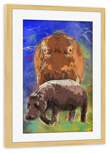 Poster mit Rahmen kiefer "Nilpferd mit buntem Hintergrund" artboxONE - Tiere - Fluss,Tier,Wild,Zoo,Natur,Bunt,Afrika,Nilpferd