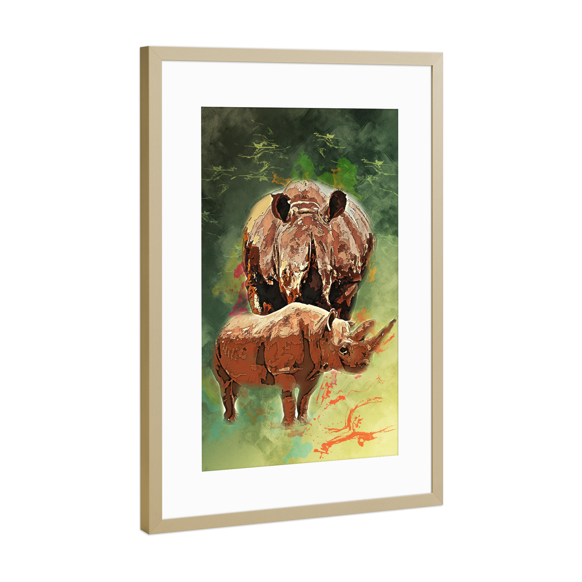Poster mit Rahmen Gold "Nashorn mit buntem Hintergrund" artboxONE - Tiere - Tier,Wild,Elfenbein,Zoo,Natur,Bunt,Afrika,Nashorn