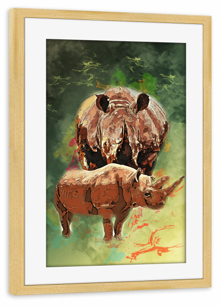 Poster mit Rahmen kiefer "Nashorn mit buntem Hintergrund" artboxONE - Tiere - Tier,Wild,Elfenbein,Zoo,Natur,Bunt,Afrika,Nashorn