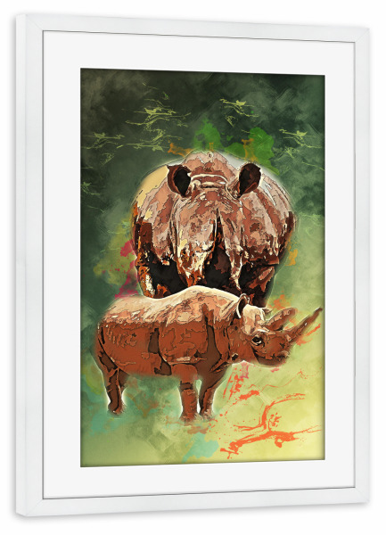 Poster mit Rahmen weiß "Nashorn mit buntem Hintergrund" artboxONE - Tiere - Tier,Wild,Elfenbein,Zoo,Natur,Bunt,Afrika,Nashorn