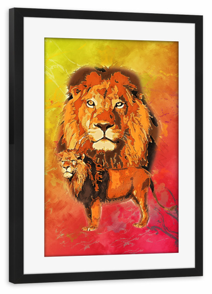 Poster mit Rahmen schwarz "Löwe mit buntem Hintergrund" artboxONE - Tiere - Tier,Afrika,Zoo,Natur,Bunt,Rudel,König,Löwe