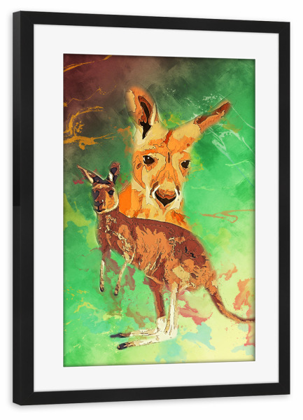Poster mit Rahmen schwarz "Känguru mit buntem Hintergrnd" artboxONE - Tiere - Australien,Tier,Wild,Zoo,Natur,Bunt,Känguru