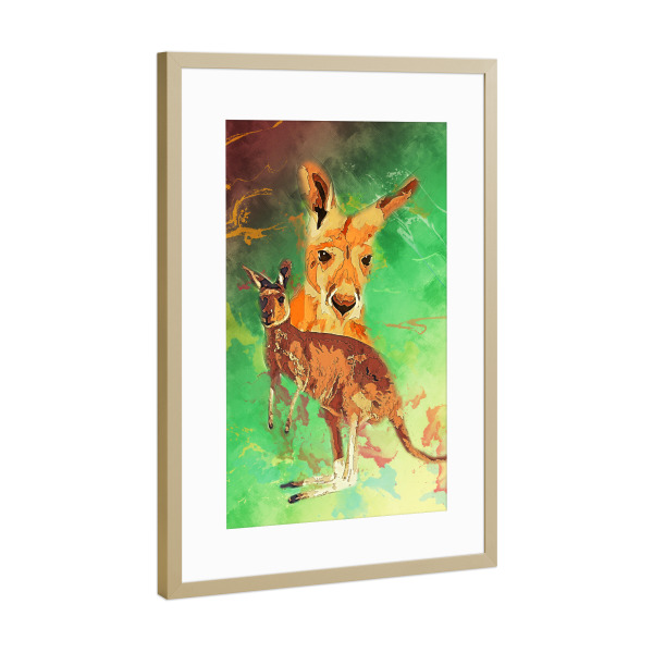 Poster mit Rahmen Gold "Känguru mit buntem Hintergrnd" artboxONE - Tiere - Australien,Tier,Wild,Zoo,Natur,Bunt,Känguru