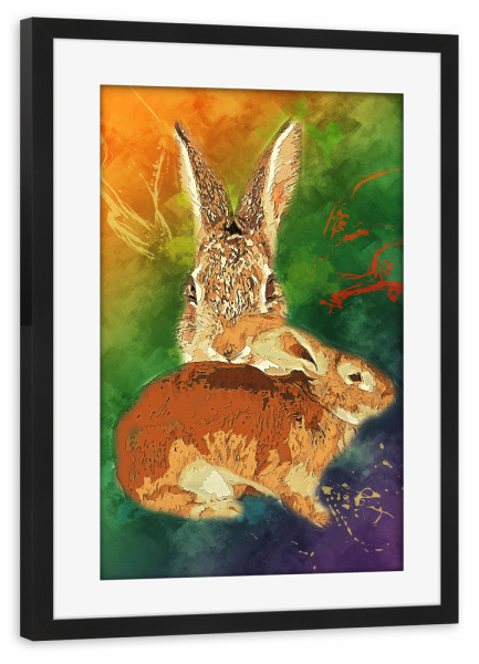 Poster mit Rahmen schwarz "Hase mit buntem Hintergrund" artboxONE - Tiere - Tier,Wild,Zoo,Natur,Bunt,Wald,Kaninchen,Hase