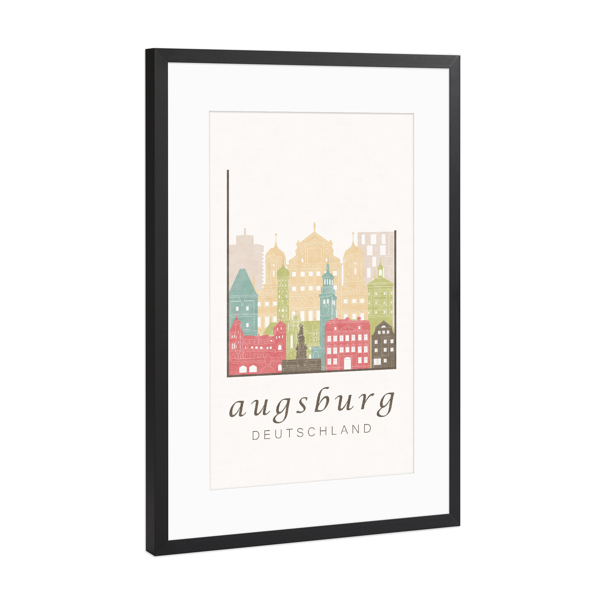 Poster mit Rahmen Schwarz (Metallic) "Augsburg skyline, pastel" artboxONE - Städte,Architektur