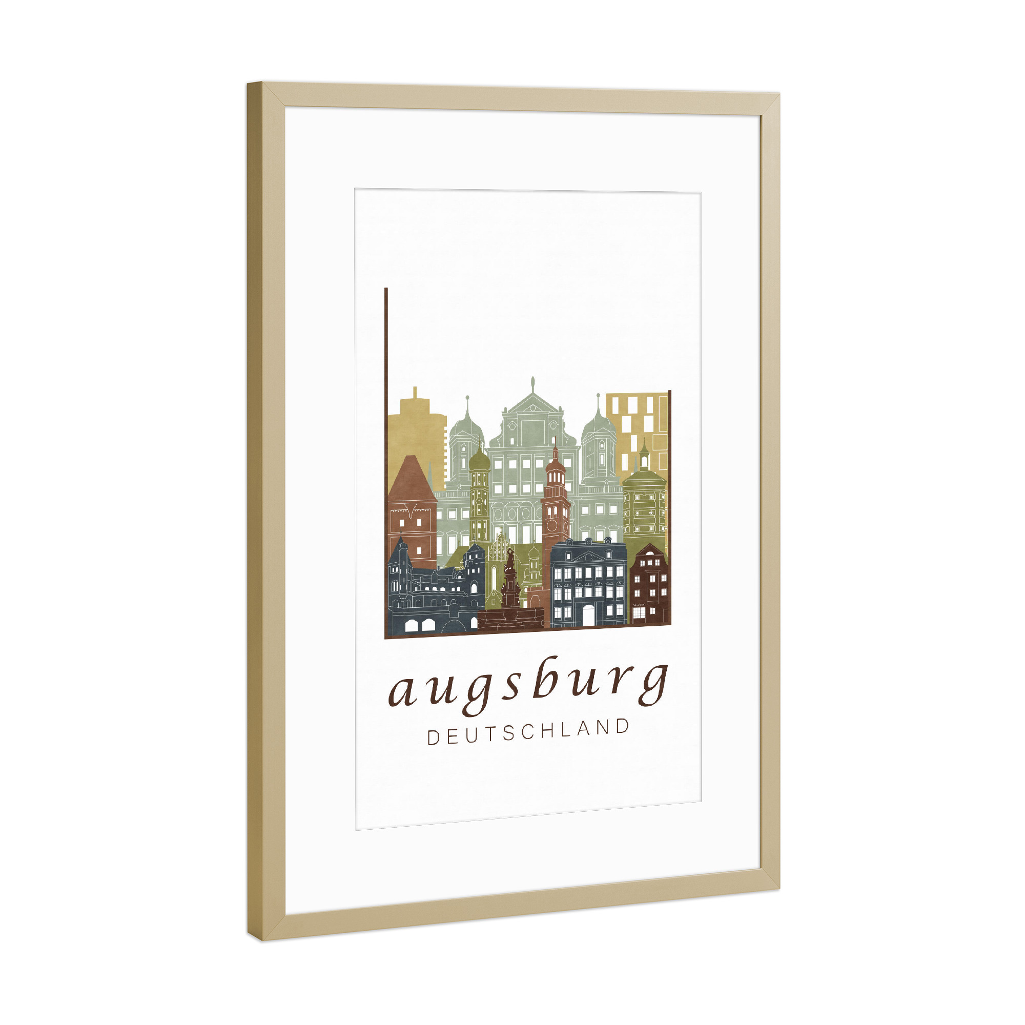 Poster mit Rahmen Gold "Augsburg skyline light brown" artboxONE - Städte,Architektur