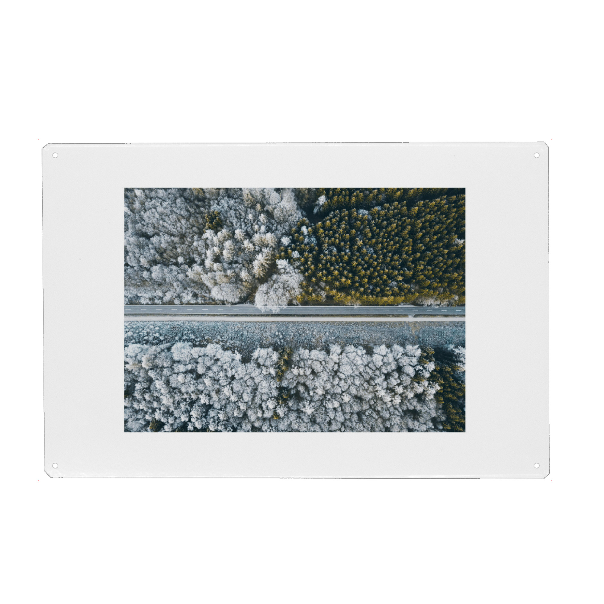 Metall Poster "SnowGreen" artboxONE - Natur,Reise - Drone,Drone photography,Aerial,View,Topdown,Street,Wald,Natur,Nature,Dji,Oben,Forest,Snow