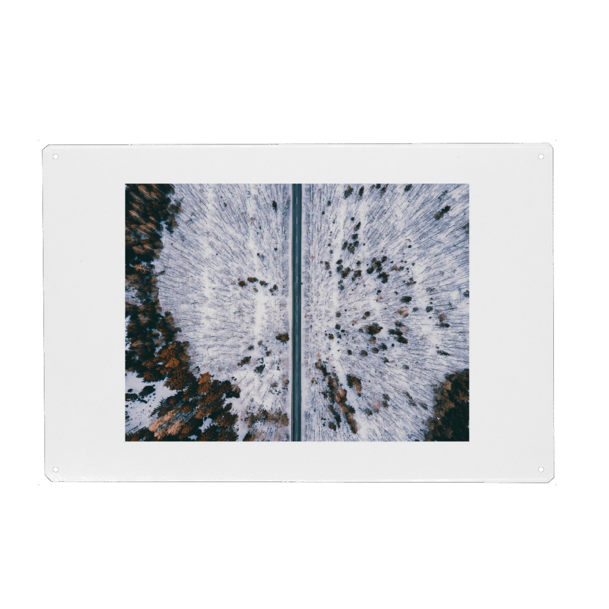 Holzbild "Forest Road" artboxONE - Natur - Drone,Drone photography,Aerial,Luftaufnahme,Topdown,Road,Strasse,Winter,Schnee,Wald,Dji,Mavic,Pro