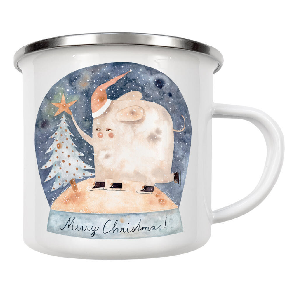 Emaille Tasse "Voglhuber - Schneekugel" artboxONE - Für Kinder,Tiere,Weihnachten - Weihnachten,Elefant,Tier,Kinderzimmer,Kindermotiv,Schneekugel