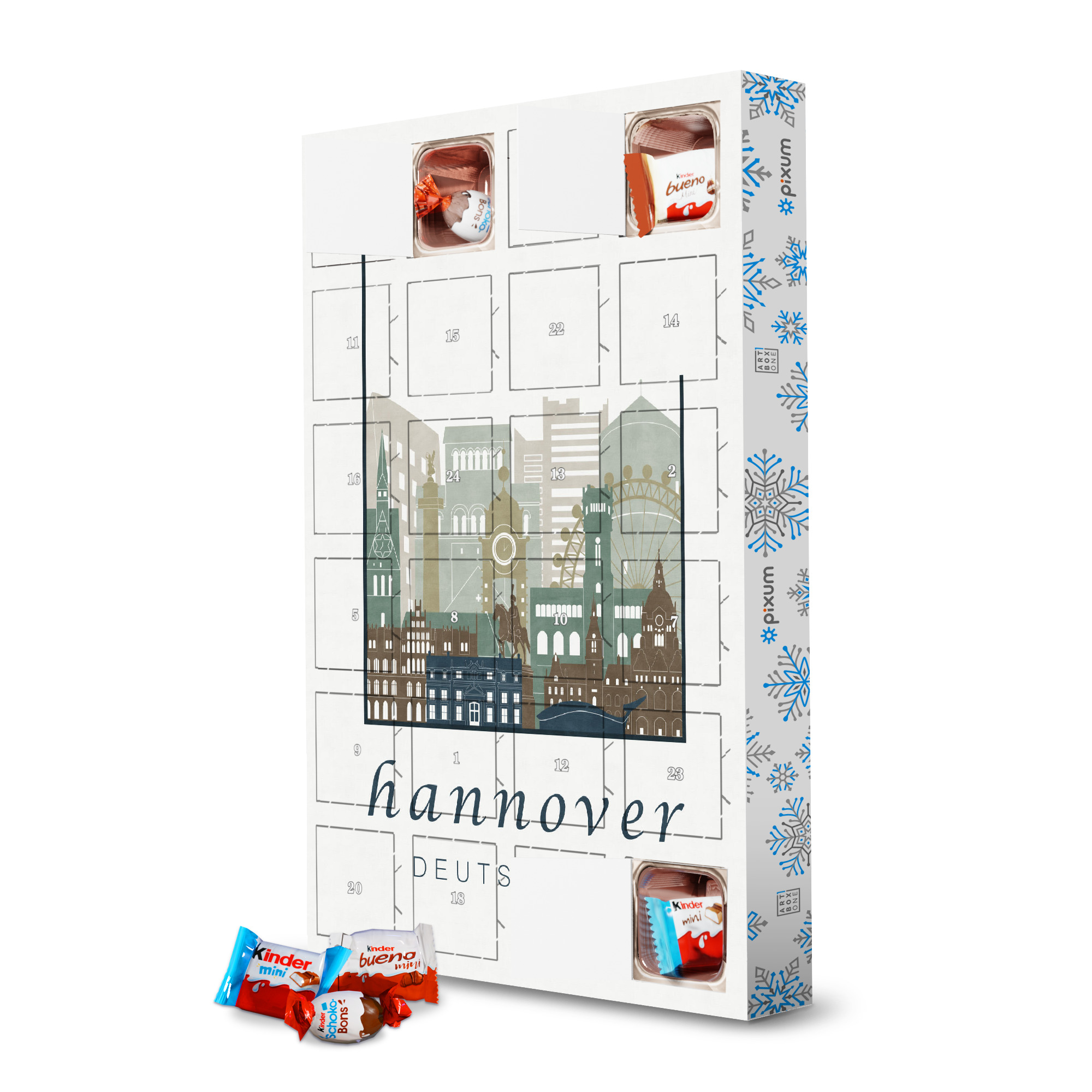 Adventskalender mit Produkten von Kinder Hannover skyline light blue artboxONE Adventskalender Städte