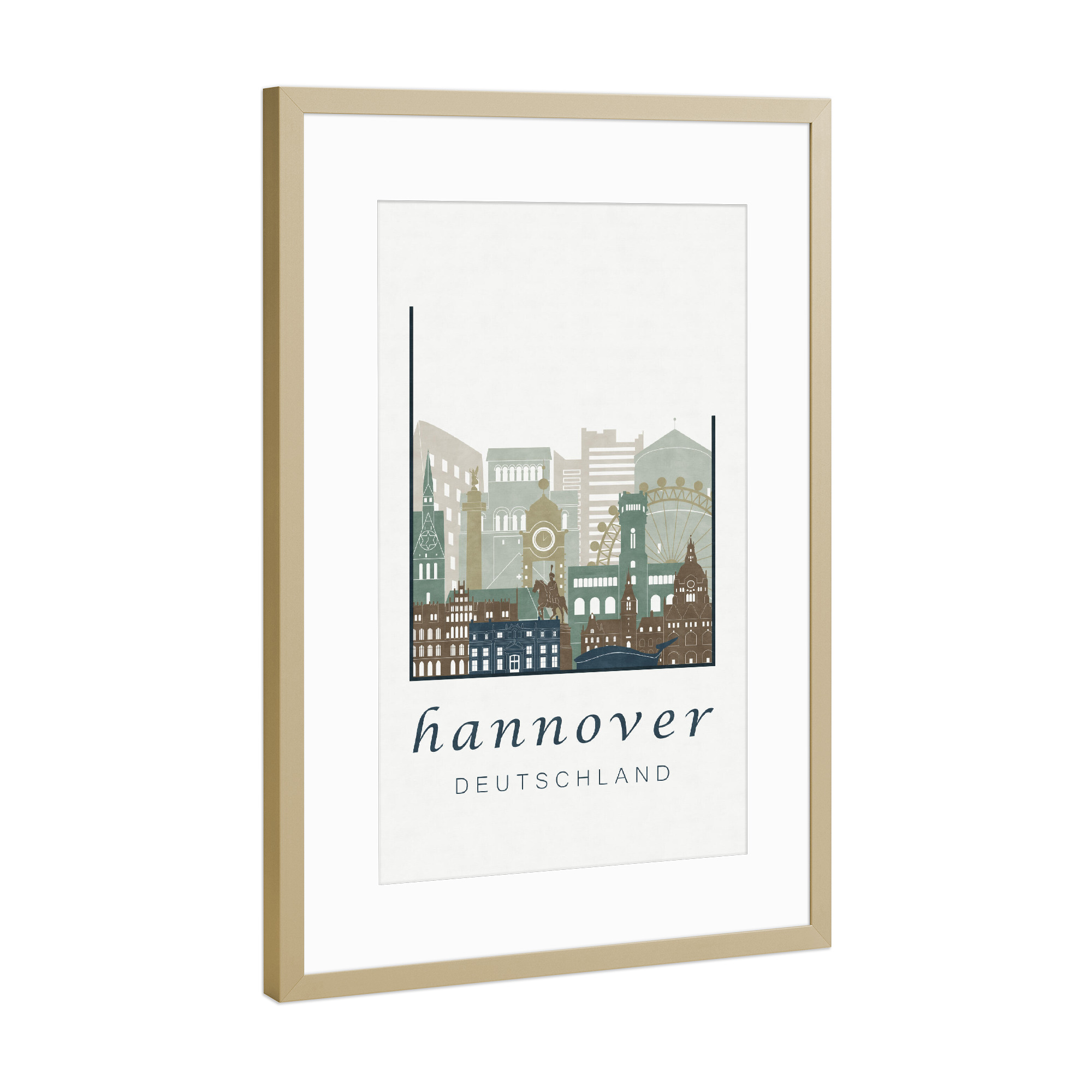 Poster mit Rahmen Gold "Hannover skyline light blue" artboxONE - Städte,Architektur