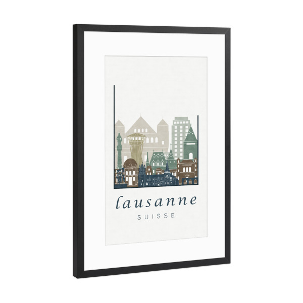 Poster mit Rahmen Schwarz (Metallic) "Lausanne skyline light blue" artboxONE - Städte,Architektur