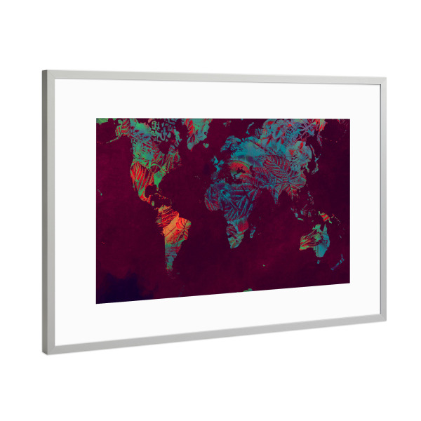 Poster mit Rahmen Silber "World map red blue art" artboxONE - Reise,Reise / Länder,Kartografie