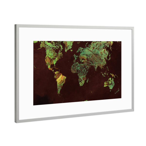 Poster mit Rahmen Silber "World map green yellow" artboxONE - Reise,Reise / Länder,Kartografie