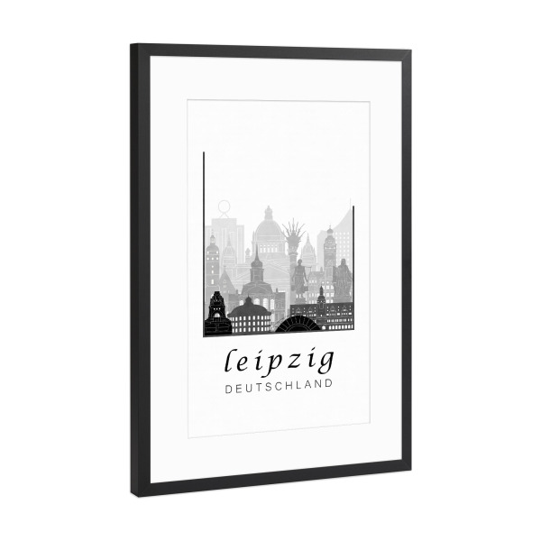 Poster mit Rahmen Schwarz (Metallic) "Leipzig skyline black & white" artboxONE - Städte,Schwarzweiß,Architektur