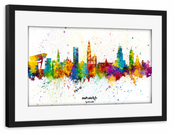 Poster mit Rahmen schwarz "Antwerp Belgium Skyline Splash" artboxONE - Städte - Antwerp,Belgium,Skyline,Cityscape,Stadtbild,Watercolor,City,Europe
