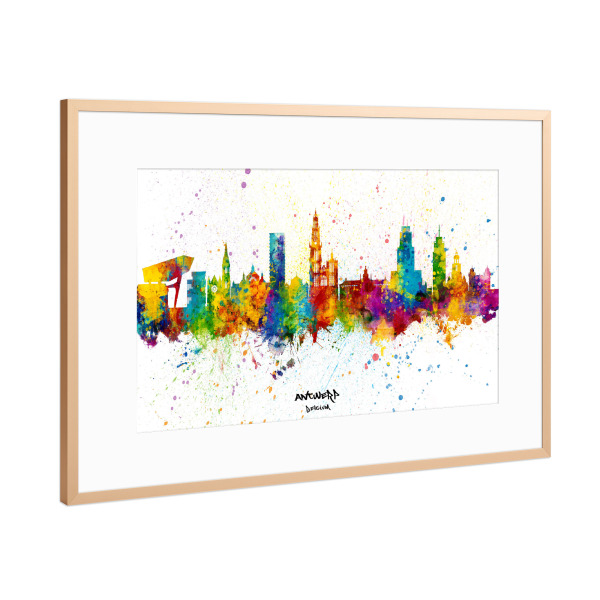 Poster mit Rahmen Kupfer "Antwerp Belgium Skyline Splash" artboxONE - Städte - Antwerp,Belgium,Skyline,Cityscape,Stadtbild,Watercolor,City,Europe