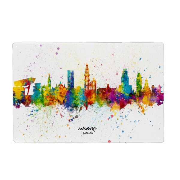 Metall Poster "Antwerp Belgium Skyline Splash" artboxONE - Städte - Antwerp,Belgium,Skyline,Cityscape,Stadtbild,Watercolor,City,Europe - Blechschild