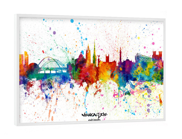 Poster mit weißem Rahmen "Newcastle England Skyline Splash" artboxONE - Städte - Newcastle,England,Skyline,Cityscape,Stadtbild,Watercolor,City