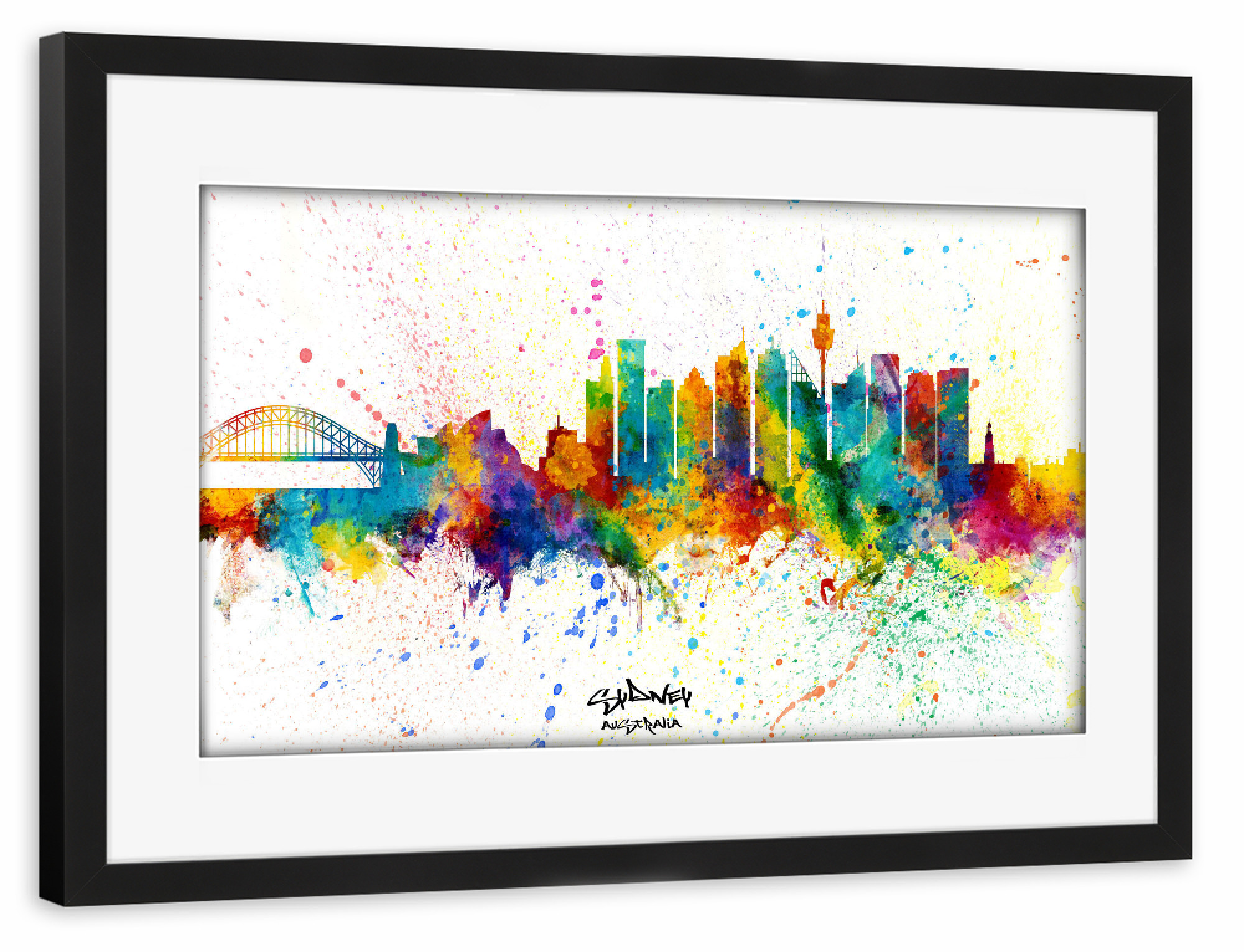 Poster mit Rahmen schwarz "Sydney Australia Skyline Splash" artboxONE - Städte / Sydney - Sydney,Australia,Skyline,Cityscape,Stadtbild,Watercolor,City