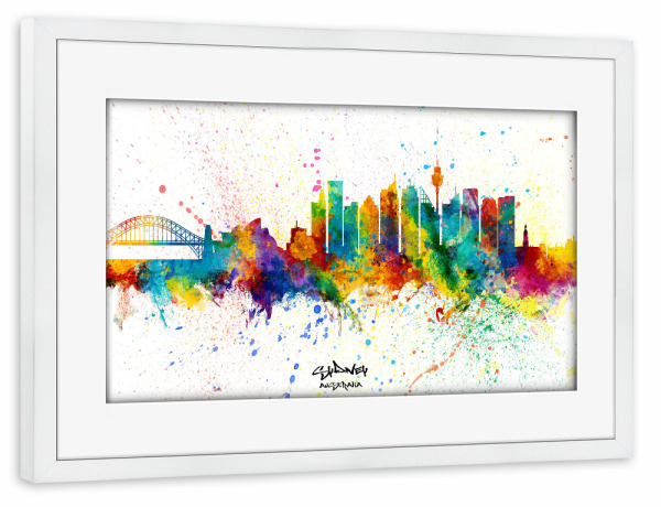 Poster mit Rahmen weiß "Sydney Australia Skyline Splash" artboxONE - Städte / Sydney - Sydney,Australia,Skyline,Cityscape,Stadtbild,Watercolor,City