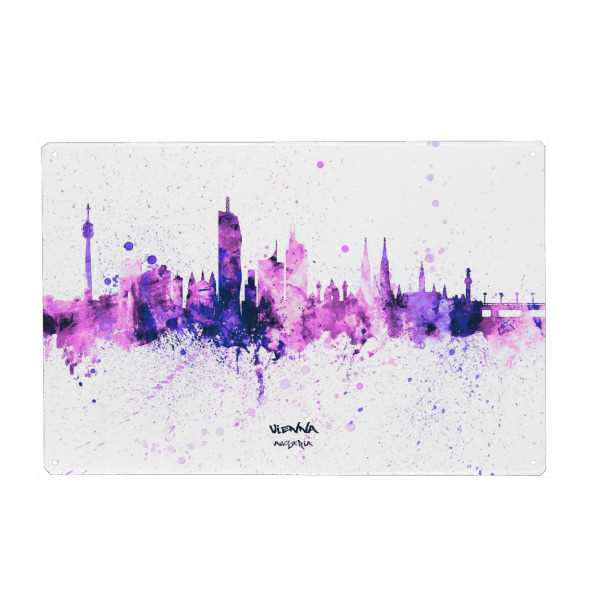 Metall Poster "Vienna Austria Skyline PurplePink" artboxONE - Städte / Wien - Vienna,Austria,Skyline,Cityscape,Stadtbild,Watercolor,City,Europe