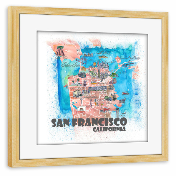 Poster mit Rahmen kiefer "San Francisco Illustrierte Karte" artboxONE - Architektur,Städte / San Francisco,Kartografie
