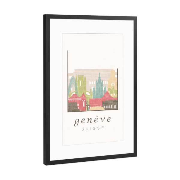 Poster mit Rahmen Schwarz (Metallic) "Geneva skyline pastel" artboxONE - Städte,Architektur