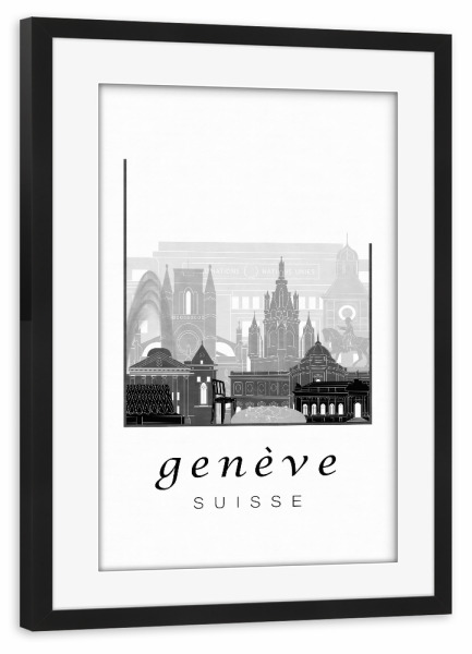 Poster mit Rahmen schwarz "Geneva skyline black & white" artboxONE - Städte,Schwarzweiß,Architektur