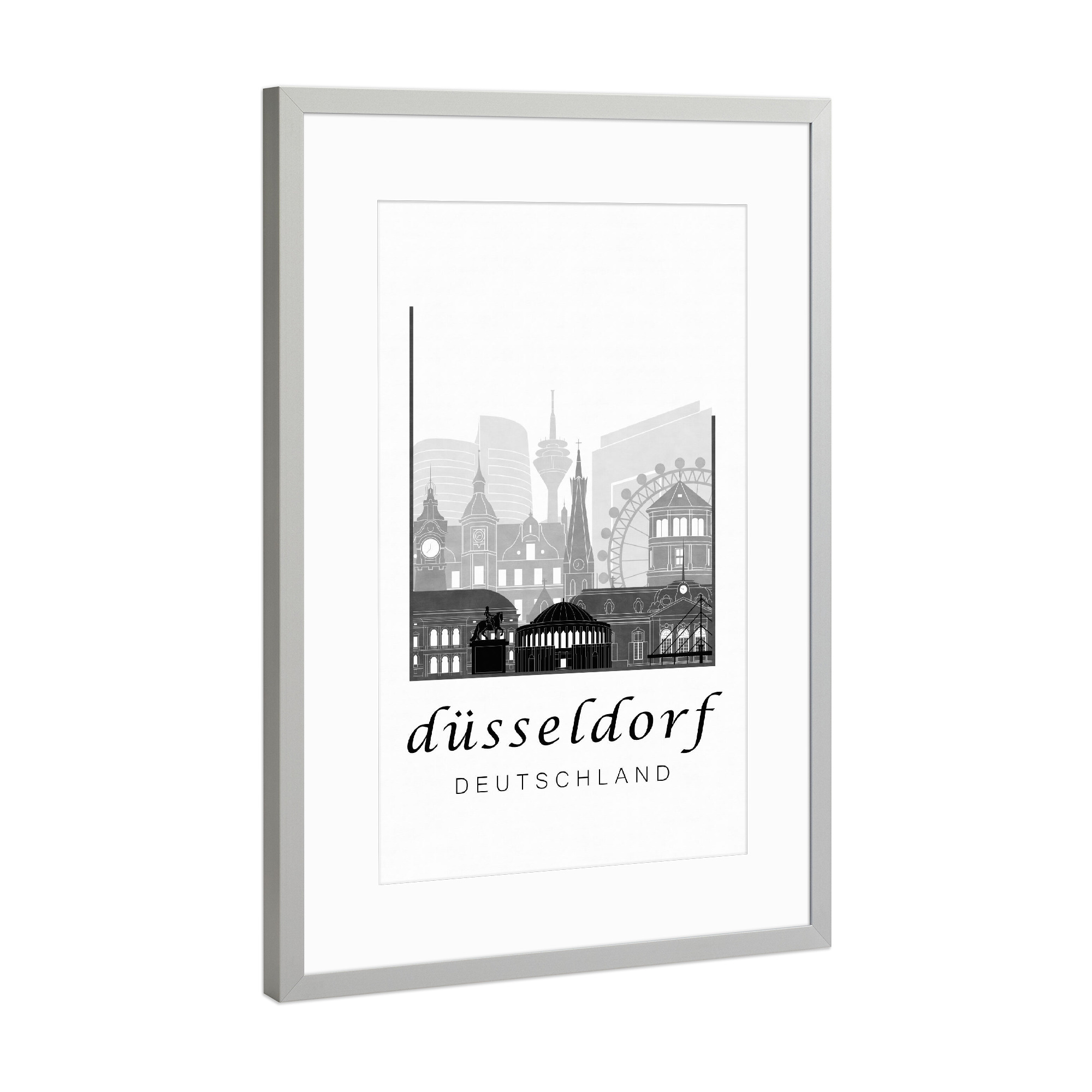 Poster mit Rahmen Silber "Düsseldorf skyline black & white" artboxONE - Schwarzweiß,Architektur,Städte / Düsseldorf