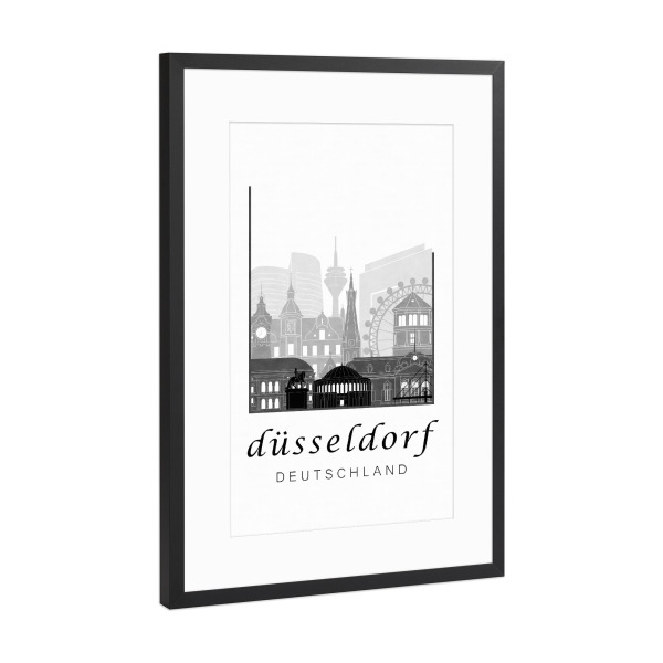 Poster mit Rahmen Schwarz (Metallic) "Düsseldorf skyline black & white" artboxONE - Schwarzweiß,Architektur,Städte / Düsseldorf