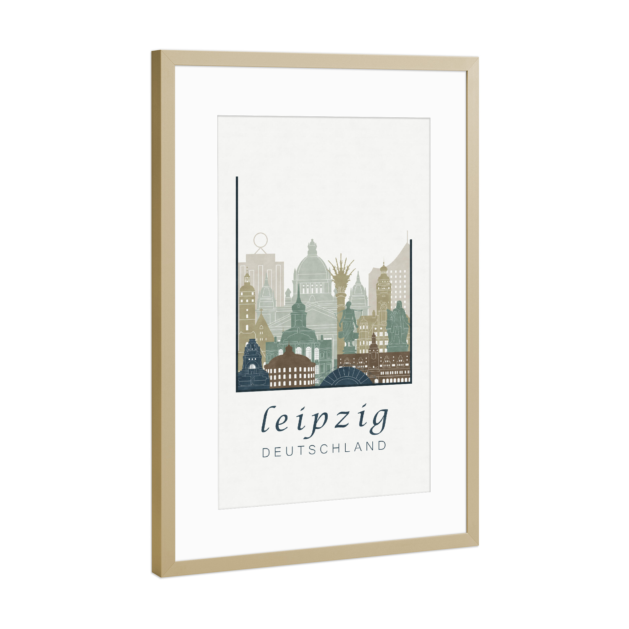Poster mit Rahmen Gold "Leipzig skyline light blue" artboxONE - Städte,Architektur