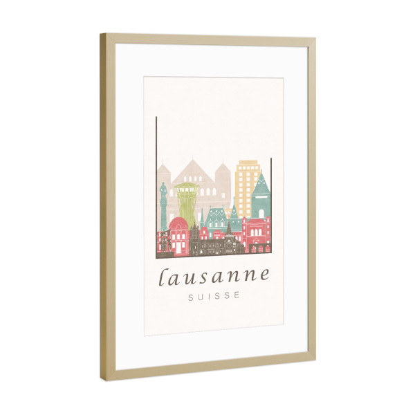 Poster mit Rahmen Gold "Lausanne skyline, pastel" artboxONE - Städte,Architektur