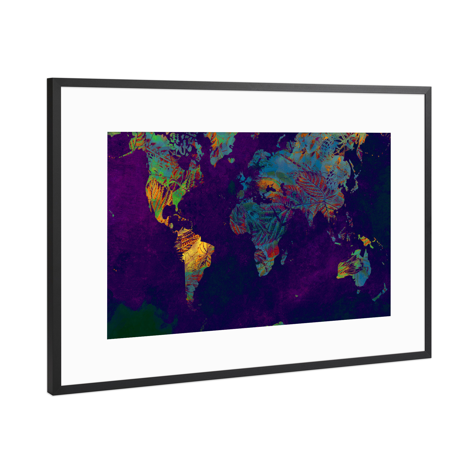Poster mit Rahmen Schwarz (Metallic) "World map yellow blue art" artboxONE - Reise,Kartografie