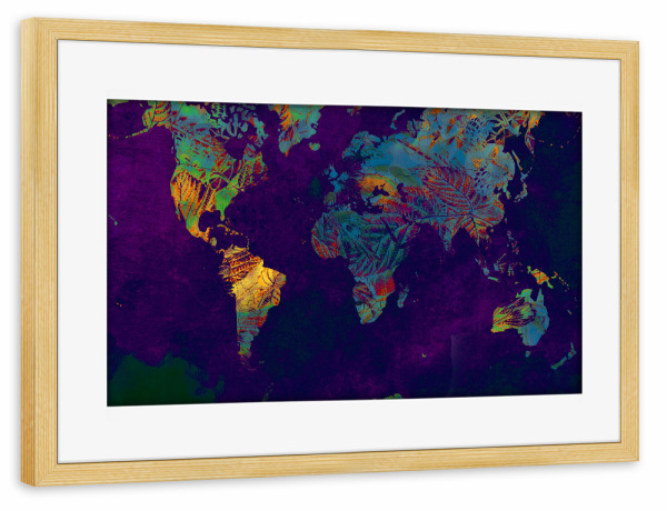 Poster mit Rahmen kiefer "World map yellow blue art" artboxONE - Reise,Kartografie