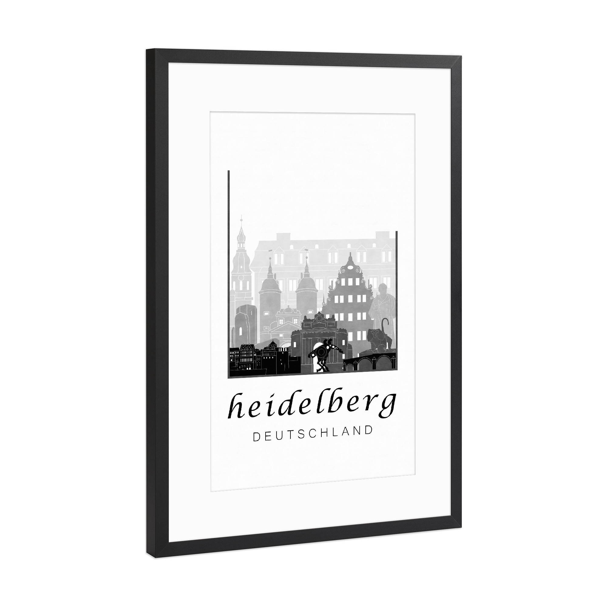 Poster mit Rahmen Schwarz (Metallic) "Heidelberg skyline black & white" artboxONE - Städte,Schwarzweiß,Architektur