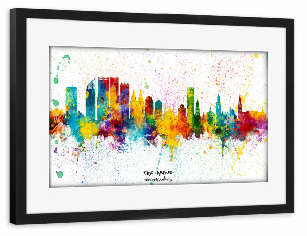 Poster mit Rahmen schwarz "The Hague Skyline Splash" artboxONE - Städte - The hague,Netherlands,Skyline,Cityscape,Stadtbild,Watercolor,City
