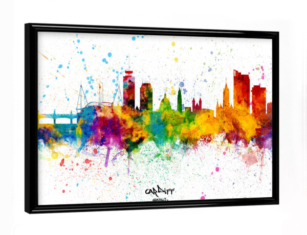 Poster mit schwarzem Rahmen "Cardiff Wales Skyline Splash" artboxONE - Städte - Cardiff,Wales,Skyline,Cityscape,Stadtbild,Watercolor,City