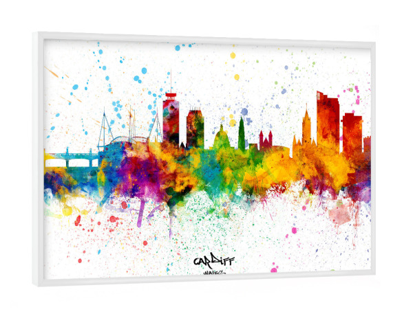 Poster mit weißem Rahmen "Cardiff Wales Skyline Splash" artboxONE - Städte - Cardiff,Wales,Skyline,Cityscape,Stadtbild,Watercolor,City
