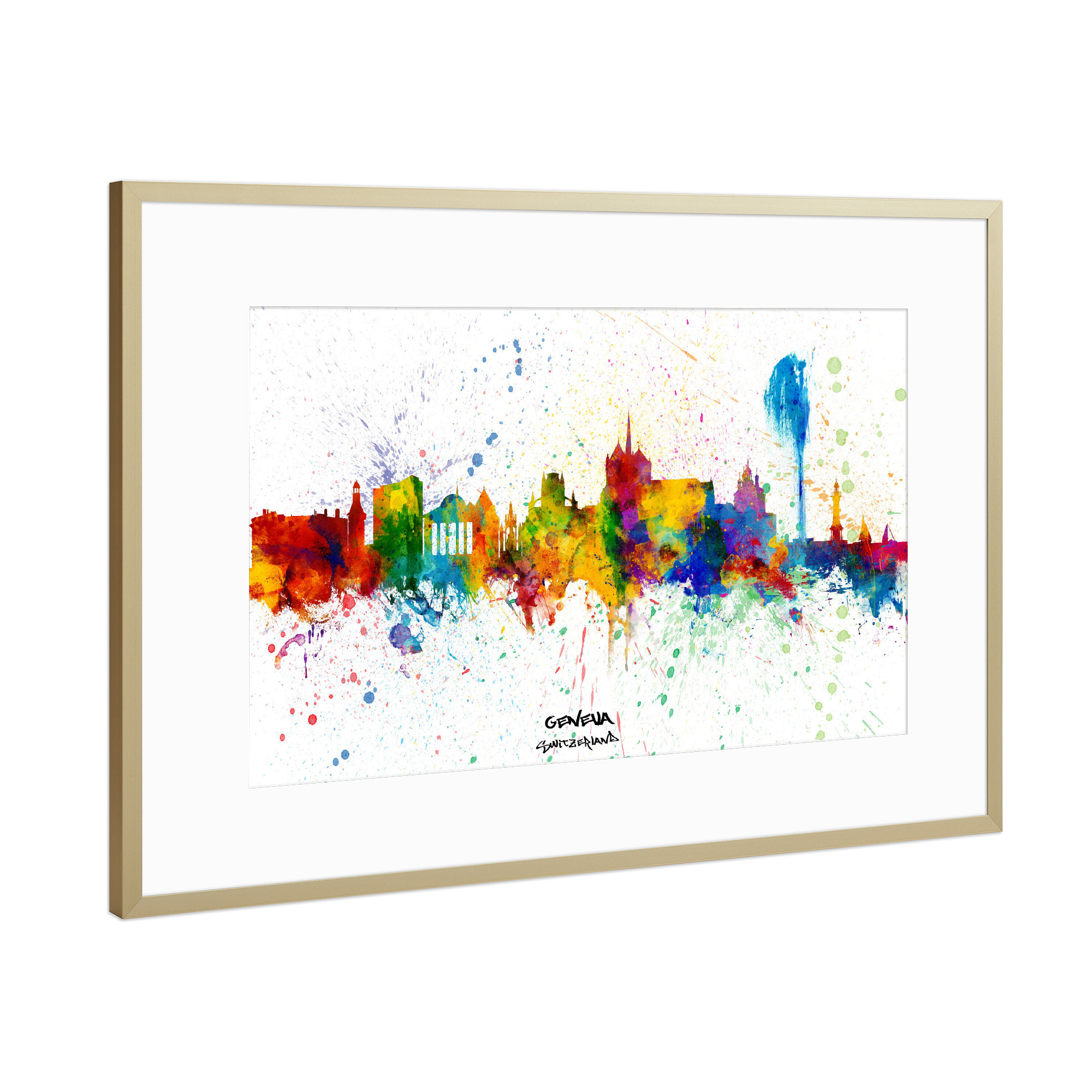 Poster mit Rahmen Gold "Geneva Switzerland Skyline Splash" artboxONE - Städte - Geneva,Switzerland,Skyline,Cityscape,Stadtbild,Watercolor,City
