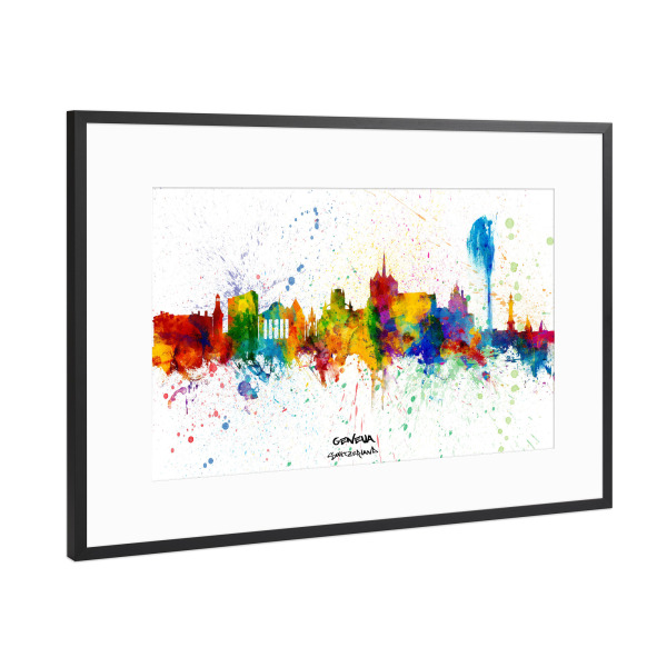 Poster mit Rahmen Schwarz (Metallic) "Geneva Switzerland Skyline Splash" artboxONE - Städte
