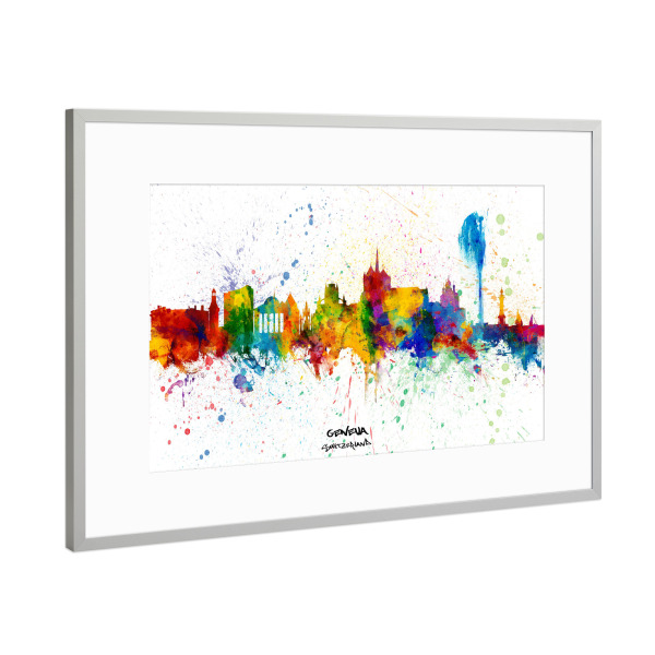 Poster mit Rahmen Silber "Geneva Switzerland Skyline Splash" artboxONE - Städte - Geneva,Switzerland,Skyline,Cityscape,Stadtbild,Watercolor,City